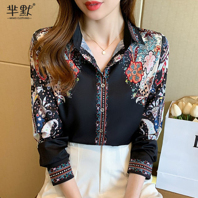 Silk shirt women's long-sleeved high-end mulberry silk top 2023 spring and autumn new retro printed shirt western style small shirt