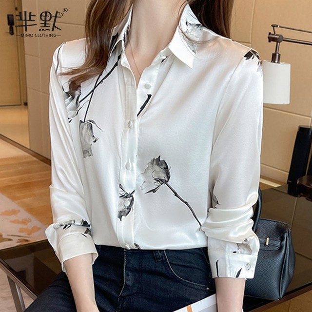 French heavy silk shirt women's 2023 spring and autumn new temperament outerwear shirt all-match printed mulberry silk top