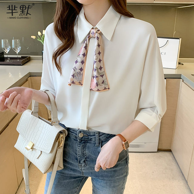 French bow tie white shirt women's summer mid-sleeve fashion retro Hong Kong flavor loose chiffon shirt short-sleeved top