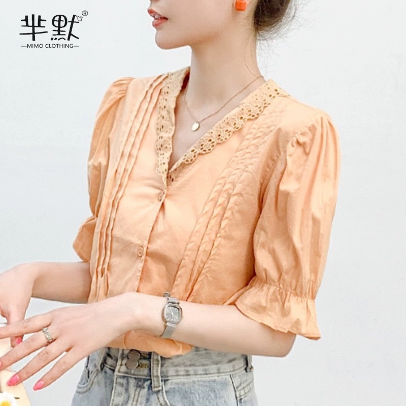 Cổ áo búp bê voan nữ mùa hè V-cổ Hàn Quốc lỏng lẻo bong bóng retro tay áo sơ mi ren khâu áo - Áo sơ mi chiffon ren