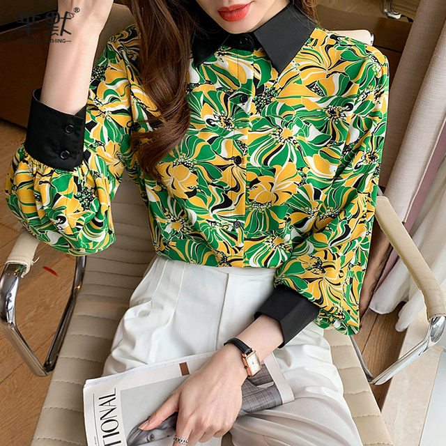 Korean version of POLO collar printed shirt women's spring new design sense niche loose and versatile lantern sleeve cardigan top