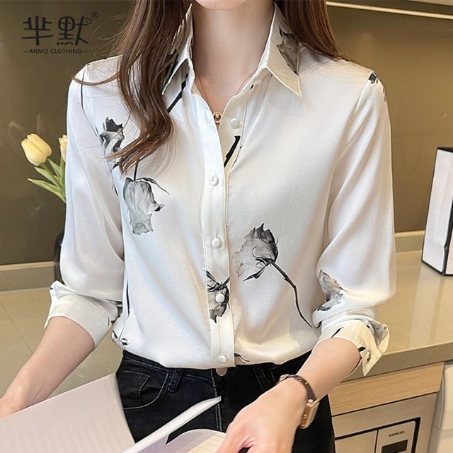 French heavy silk shirt women's 2023 spring and autumn new temperament outerwear shirt all-match printed mulberry silk top