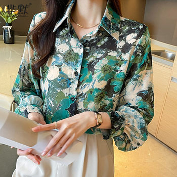 Ink Print Shirt Ladies 2022 Summer New Design Loose Fashion Chiffon Shirt Lantern Sleeve Top