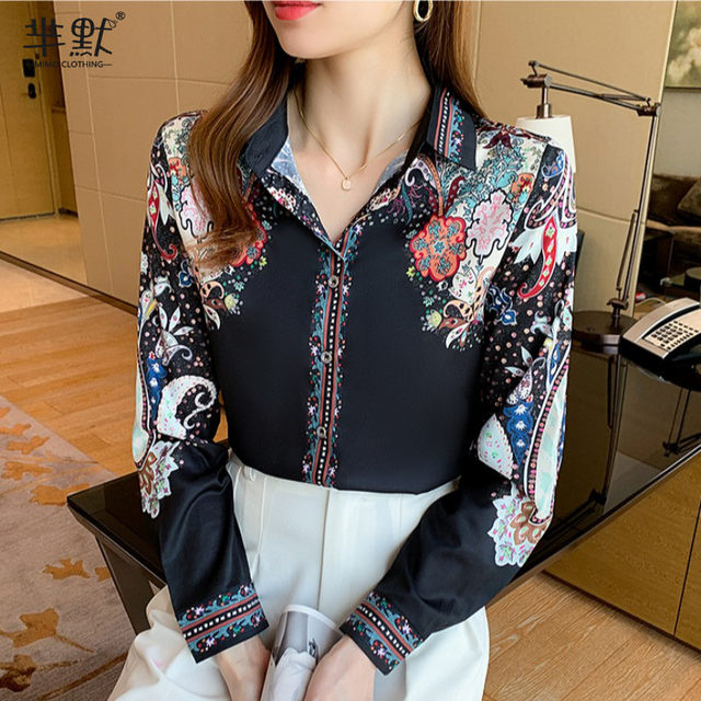 Silk shirt women's long-sleeved high-end mulberry silk top 2023 spring and autumn new retro printed shirt western style small shirt