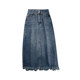 Spring and summer fringed mid-length denim skirt women's spring small tall waist retro slit raw edge a-line skirt