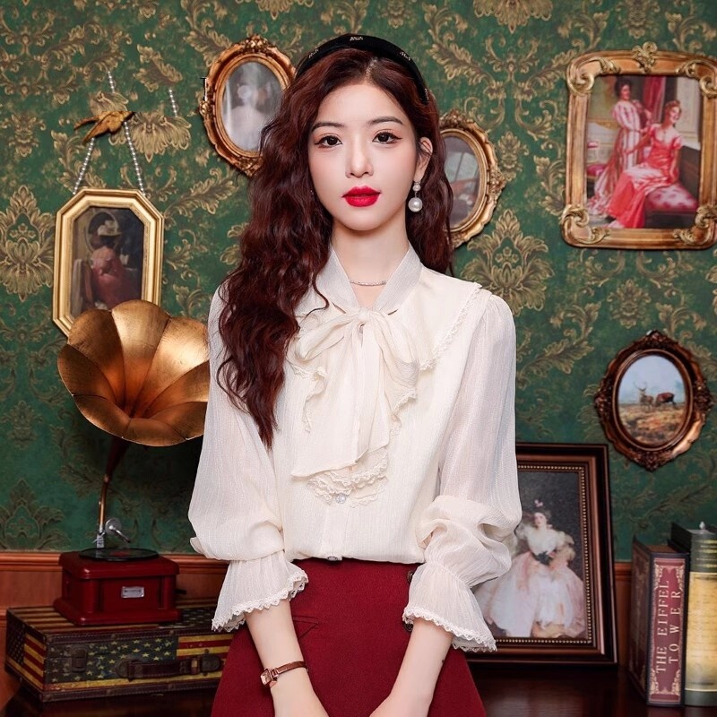 French-Style Bow Chiffon Blouse for Women, Autumn 2026 New Long-Sleeve Age-Reducing Lace Base Shirt for Autumn and Winter