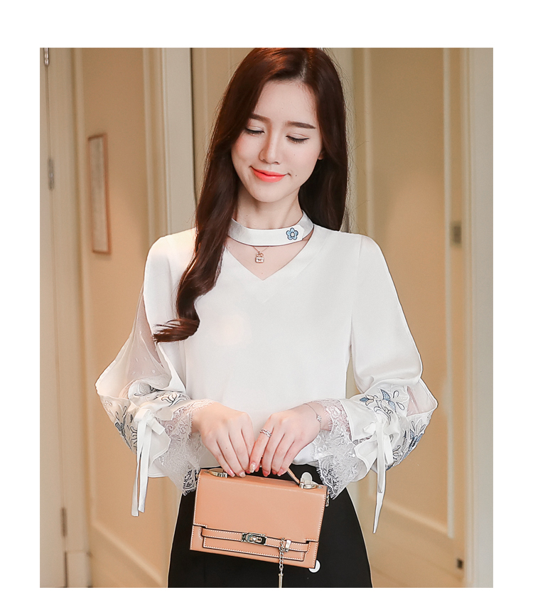 芈 陌 2018 mùa thu mới của Hàn Quốc phụ nữ ren khâu lưới thêu đèn lồng tay áo dài tay áo voan áo sơ mi đáy áo áo kiểu nữ công sở