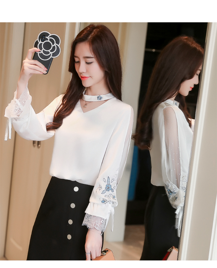 芈 陌 2018 mùa thu mới của Hàn Quốc phụ nữ ren khâu lưới thêu đèn lồng tay áo dài tay áo voan áo sơ mi đáy áo áo kiểu nữ công sở