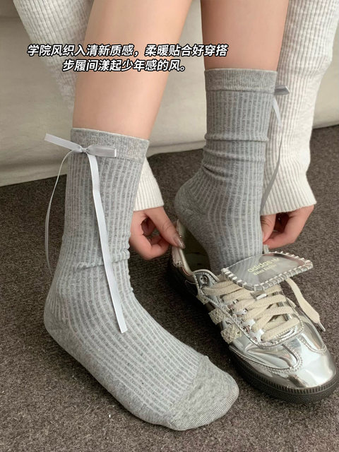 Bow socks for women, spring and autumn pure cotton mid-calf socks, ins trendy ballet style pile socks, autumn and winter sweet stockings