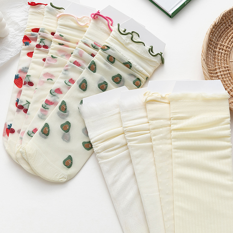 Fiberglass Crystal Silk Socks Children Midtubes Socks Summer Thin Ice Silk Socks Transparent Floral Side Bubble Socks Summer Sandal Socks