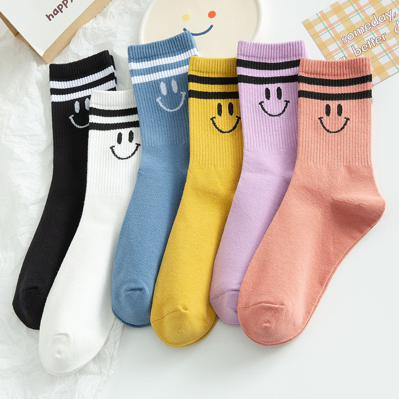 Smiley Face Socks Woman Midbarrel Socks Spring Autumn Style Pure Cotton Cute Day Ensemble Striped stockings Women Katunins Chains Shot Summer