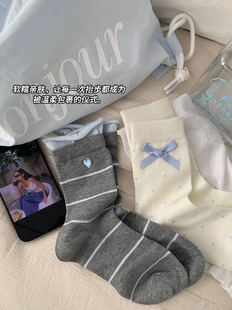 White bow socks for women, pure cotton mid-calf socks, autumn and winter cute lace stockings, spring and autumn ballet style cotton socks