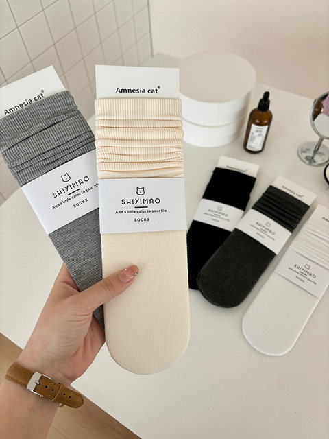 White Slouch Socks for Women, Pure Cotton Mid-Calf Socks, Thin Summer Style, Trendy Seamless Miu Style, Paired with German Training Shoes, Long Socks