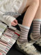 Striped Color-Block Socks for Women, Spring and Autumn Style, Mid-Calf Socks, Korean Style, Trendy Pure Cotton Long Socks, College Style, Seamless Slouch Socks