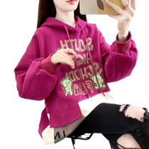 Colorblock hooded design plus velvet thickened sweatshirt for women 2022 autumn and winter new Korean style loose large size pocket top