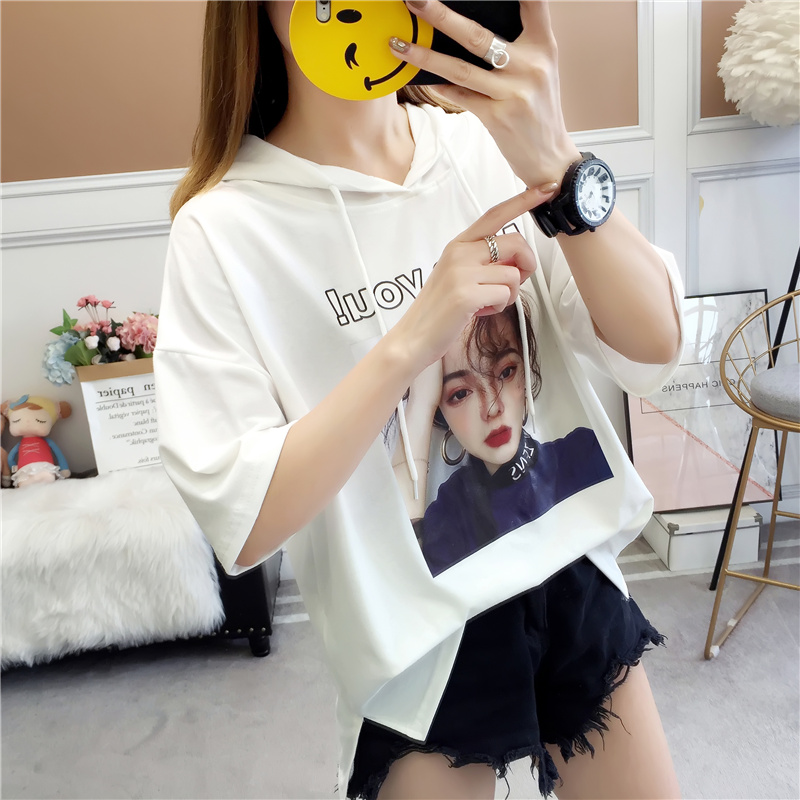 Áo len siêu ngắn cec tay ngắn nữ trùm đầu mùa hè 2019 nữ phiên bản mới của Hàn Quốc áo thun rộng cỡ lớn trên quần áo thủy triều - Áo phông áo thun nữ đẹp