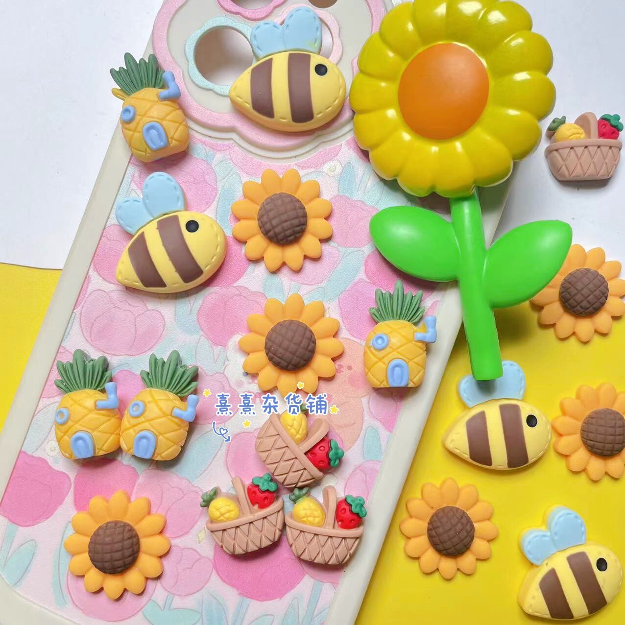 Xi Xi Grocery Shop cute bee sunflower fruit basket pineapple small house resin accessories diy hairpin