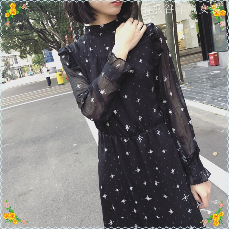 Pumpkin Valley 2023 Summer Chiffon Dress Women's Autumn Black Star Print Dress Long-Sleeved Shirt Dress L317 Pumpkin Valley 2023 Summer Chiffon Dress Women's Autumn Black Star Print Dress Long-Sleeved Shirt Dress L317