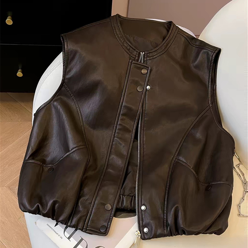 Retro Handsome Style Brown Leather Vest for Women 2026 Autum New Style Zipper Sleeveless Fashionable Vest