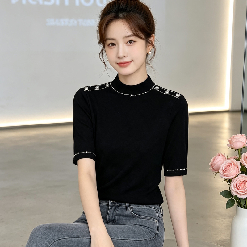 European Style Half-High Collar Pearl Button Five-Quarter Sleeve T-Shirt for Women, Early Autumn Black Pure Cotton Slim Fit Slimming Base Shirt, Fashionable
