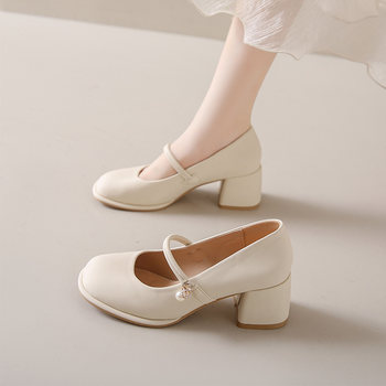 Mary Jane Women's Shoes 2025 New Spring and Autumn Fashion Versatile French Style Medium Thick Heel Single Shoes Gentle Matching with Skirts High Heels