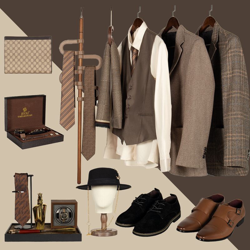 Old Money Style Retro Italian Cloakroom Set Model Room Men's Clothes Hat Leather Shoes Tie Hanger Ornaments
