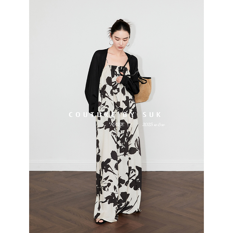 Suk Spring Mountains Are Like a Green Mountain Range! New Spring and Summer Cotton and Linen Fabric Artistic Print Twist Strap Suspender Dress for Women