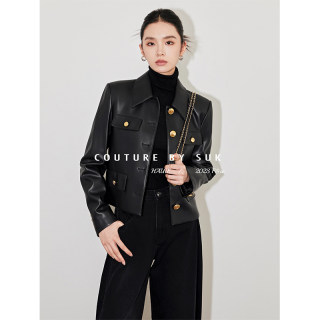 Women's short motorcycle pu leather jacket