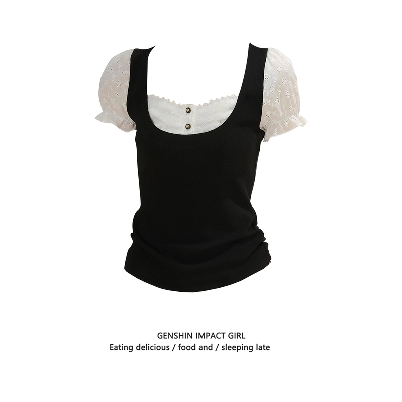 Pure Desire Style Lace Splicing Fake Two-Piece Square Neck Puff Sleeve T-Shirt for Women, Summer Slim Fit Slimming Hot Girl Top