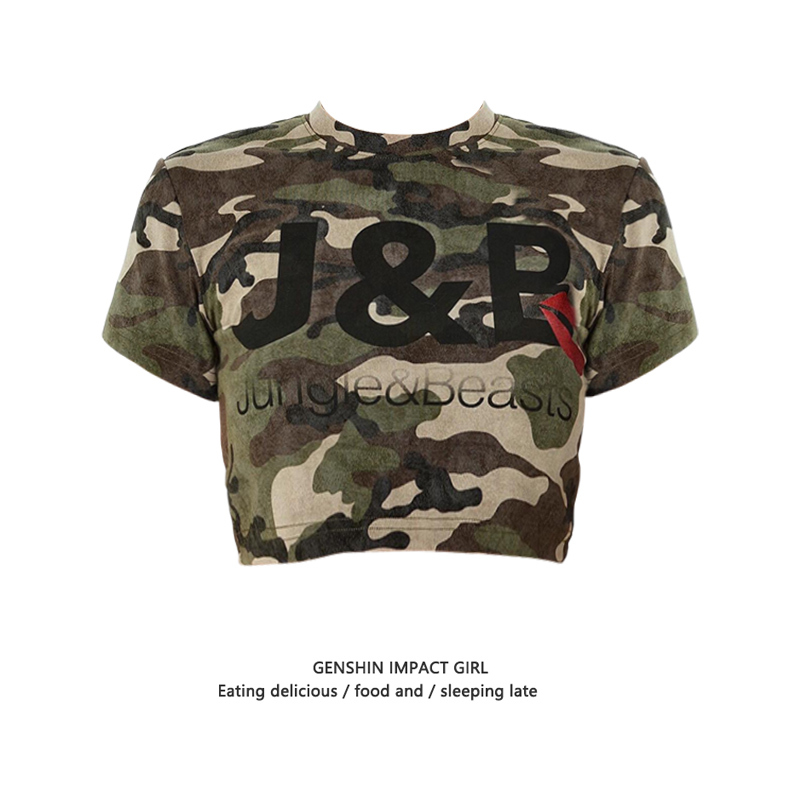 American High Street Retro Hot Girl Crop Top Summer Camouflage Distressed Stretchy Slim Short-Sleeve Y2K Top for Women