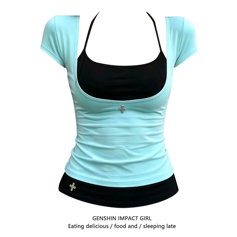 Trendy Color-Blocked Two-Piece Short-Sleeve T-Shirt for Women, New Summer American Style, Regular Shoulder, Slim Fit, Fashionable Top ins Trendy Color-Blocked Two-Piece Short-Sleeve T-Shirt for Women, New Summer American Style, Regular Shoulder, Slim Fit, Fashionable Top ins