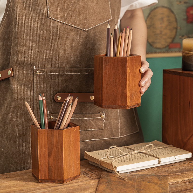 Day Style Retro Makeup Pen Holder Female Multifunction Children Solid Wood Storage Box Pen Holder Tabletop Finishing Woody Pen Insert