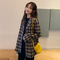 Plaid blazer womens spring and autumn 2021 Korean version of thin high-level sense top Net red fried street British style small suit