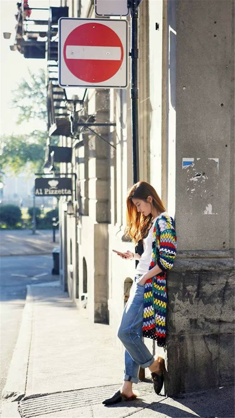 秋季新款女装明星刘亦菲街拍同款彩虹条纹针织