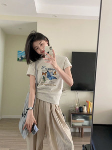 Large size fat sister color butterfly print t-shirt women's summer shoulder short section self-cultivation high-end trendy brand top ins