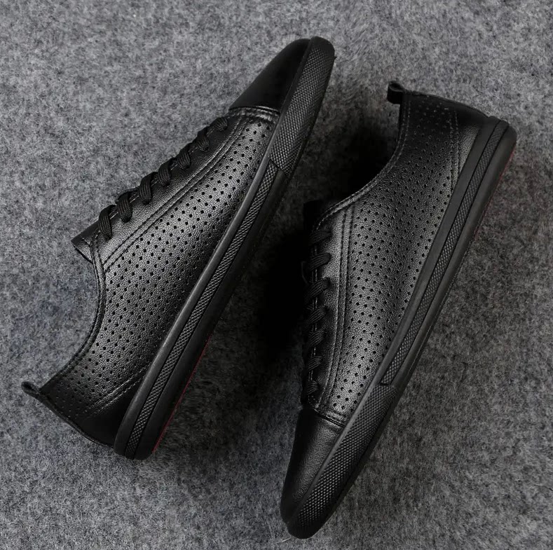 Spring low-cut men's suit casual shoes pure black leather soft-soled leather shoes thin section summer breathable deodorant sneakers