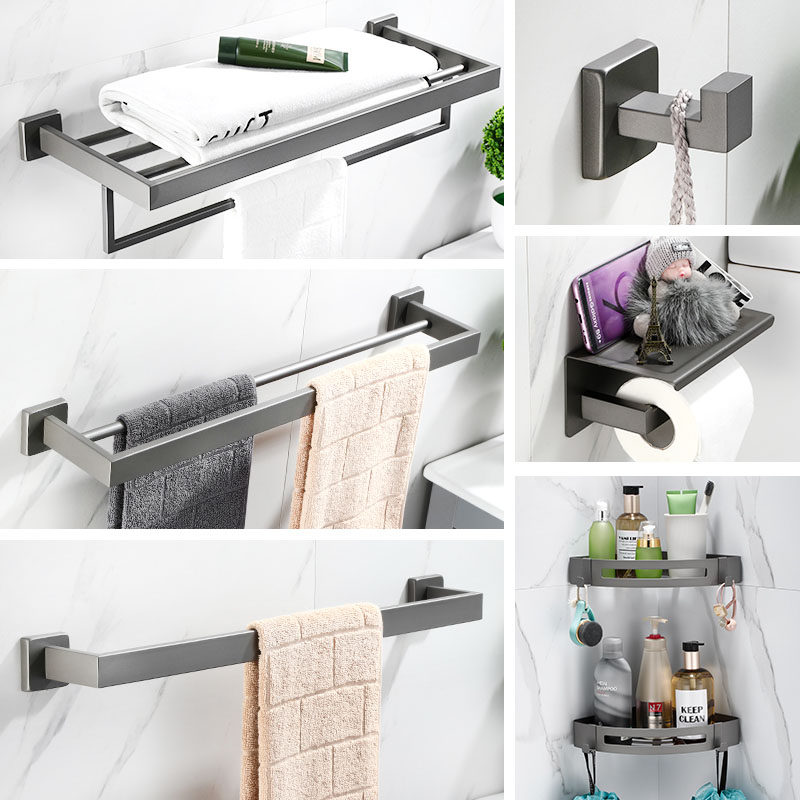 Gun Grey Bath Towel Rack Makeup Room 304 Stainless Steel Towel Rack Subbathroom Free to punch triangular tissue shelf