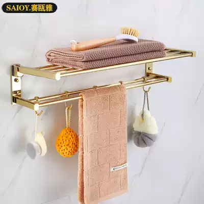 All copper golden towel rack double layer with hook folding towel rack non-perforated bathroom light luxury wind storage towel hanging rod