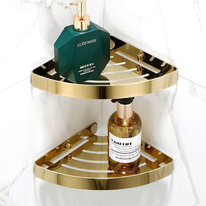Gold light luxury shelf tripod small size stainless steel bathroom wall hanging washstand storage rack free of punching