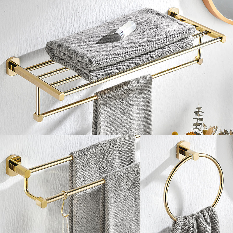 All copper bath towel rack double pole towel rack free of punching light luxury gold bathroom bathroom hardware hook rack