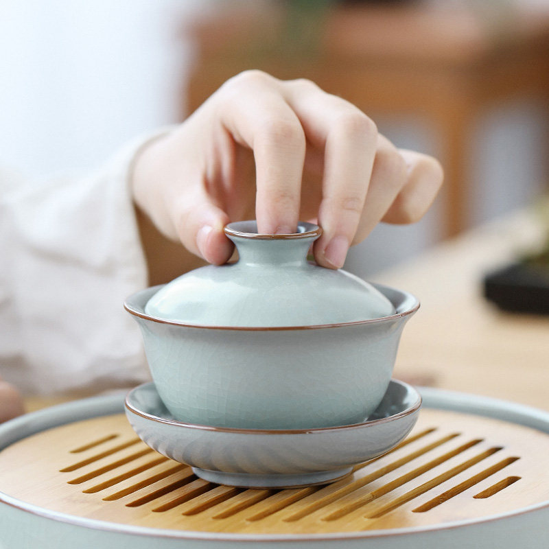 Ru Kiln Triple cover Bowl Tea Cup Bubble Tea Bowl Ceramic Home Kung Fu Tea Set Open Sheet Can Raise minimalist Winged Grain Ru Porcelain