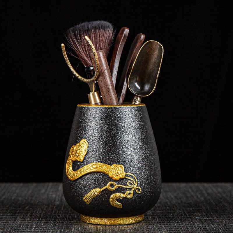 Black Pottery Ruyi Tea Bucket Six Gentlemen Tea Ceremony Kung Fu Tea Set Accessories Complete Tea Pen Tea Clip Ashtray Tea Pet Cup Fork