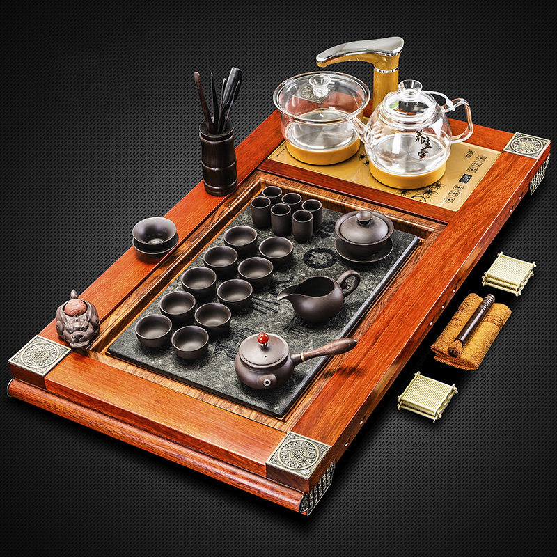 Flowers Pear Solid Wood Mulkin Stone Tea Tray Tea Tray Tea Set Group Home Brief fully automatic whole set of ceramic Kung Fu Home Tea Desk