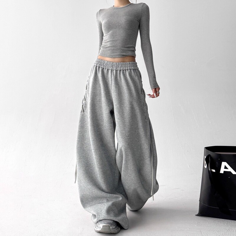 Casual Side-Tie Wide-Leg Sweatpants Unisex Gray Straight Solid Color Loose Jazz Dance Sports Casual Pants