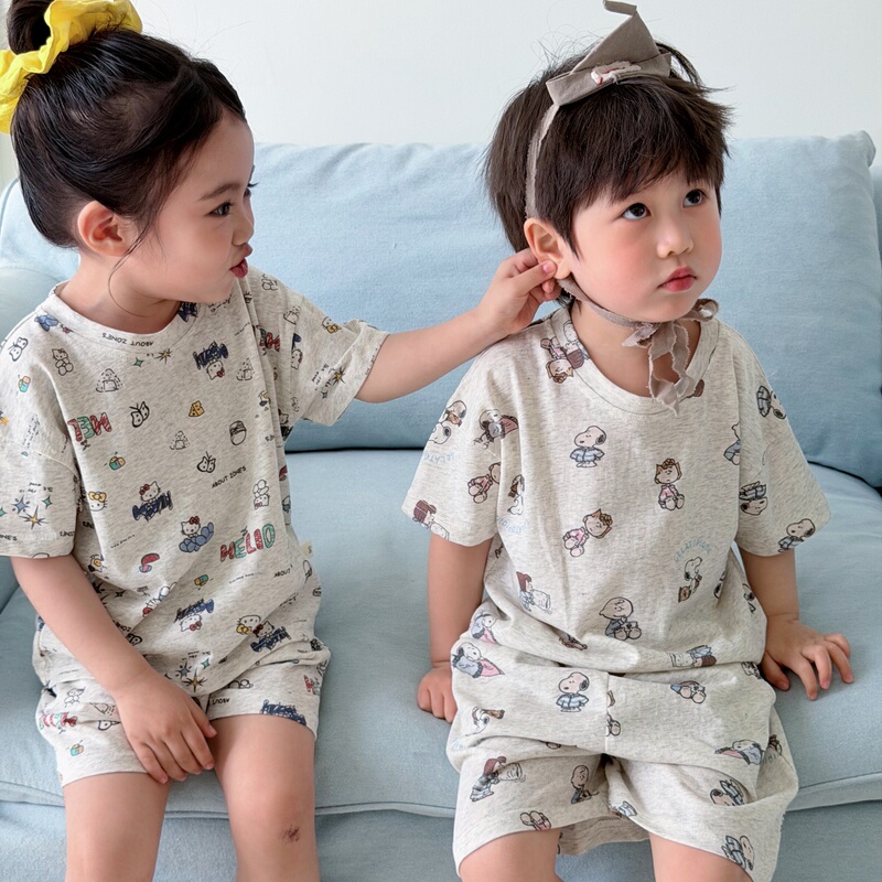 Summer Kidsren's Cartoon Home Clothes Set for Boys and Girls, Snowflake Cotton Skin-Friendly Pajamas, Baby Loose Short-Sleeved Shorts a