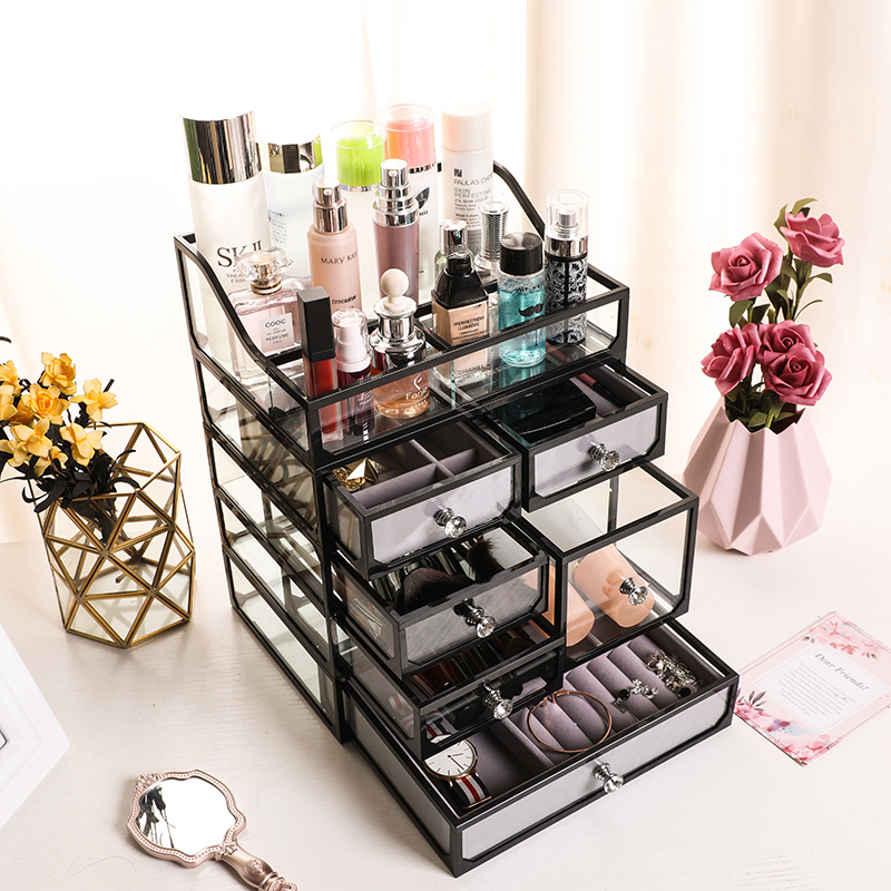 Cosmetics containing box Desktop mouth red skin care products Jewelry Ornament Glass Transparent Finishing Box Cabinet Containing box