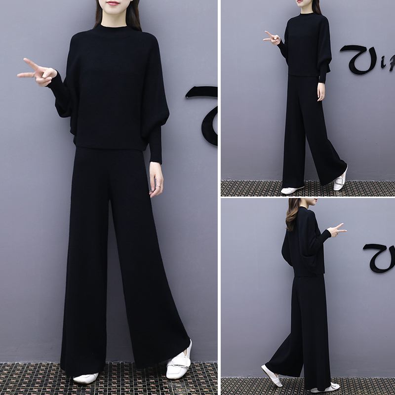 2026 New Autumn Fashion Black Knit Suit for Women, Fashionable Casual Loose Slimming Plus-Size Wide-Leg Pants Two-Piece Set 2026 New Autumn Fashion Black Knit Suit for Women, Fashionable Casual Loose Slimming Plus-Size Wide-Leg Pants Two-Piece Set