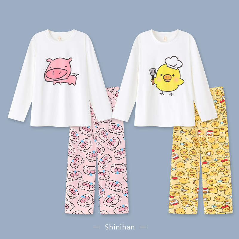 Cartoon Chicken Pajamas Couple Set, One Male and One Female Style, Spring and Autumn Round Neck Long-Sleeve Loungewear Set