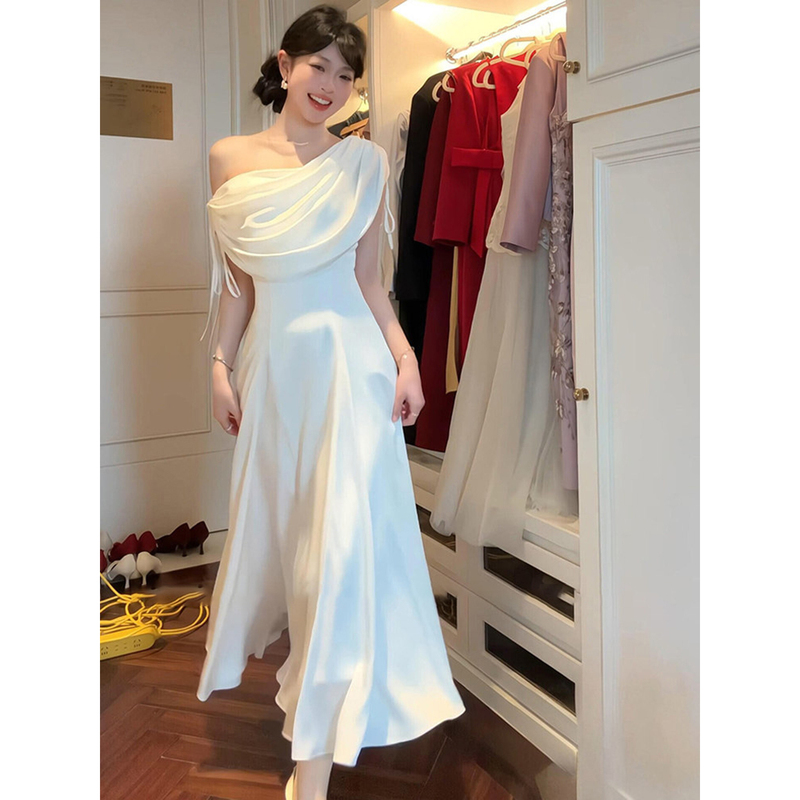 White Evening Dress for Women, High-End Light Luxury Bridal Engagement Dress, Registration Ceremony White Dress, Coming-Of-Age Ceremony Host Summer