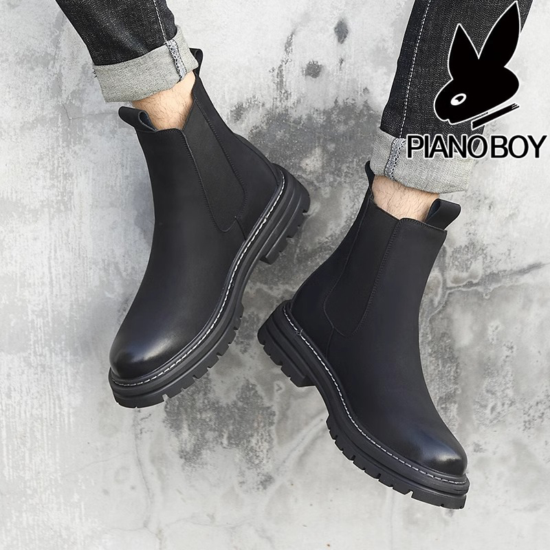 Chelsea Boots for Men, Mid-Top, British Style, Fashionable Chimney Boots, New Spring and Autumn Slip-On Elastic Black Martin Boots